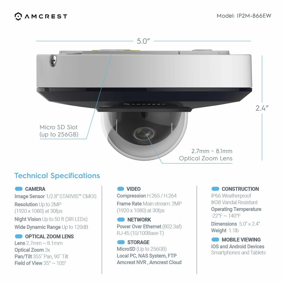 Amcrest 3 X Optical Zoom Pan/Tilt Outdoor POE Vandal Security IP Camera - Image 3 of 4