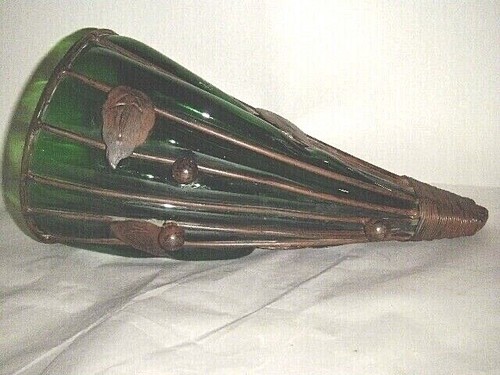 CORNUCOPIA HORN OF PLENTY METAL CAGE OVER BLOWN GREEN GLASS 1960'S MURANO ITALY - Picture 10 of 12