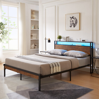 Full/Queen Size Bed Frame Metal Platform Bed w/ Wooden Headboard & LED Lights