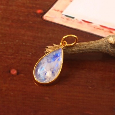 Genuine Rainbow Moonstone Pendant in 14K Gold Oval Bezel Set Charm 3168