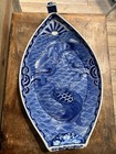 Antique Japanese Repaired Plate Warmer Boat Shape, Blue And White Ceramic Tray