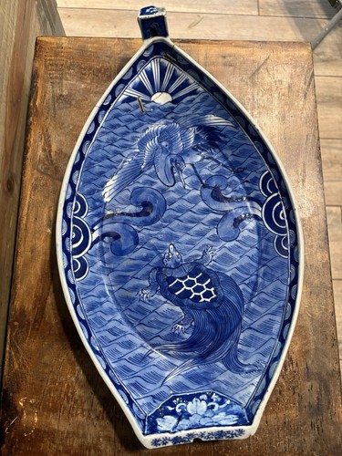 Antique Japanese Repaired Plate Warmer Boat Shape, Blue And White Ceramic Tray