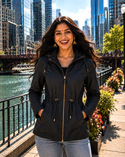 Jones New York Women  s Black Hooded Full Zip Jacket Pockets Mid-Length M