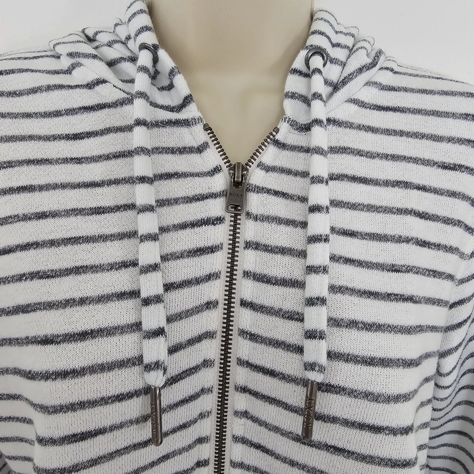 Roxy Y2K White Gray Striped Hoodie Jacket Sz L Lightweight Fall Full Zip-Up - Image 3 of 4