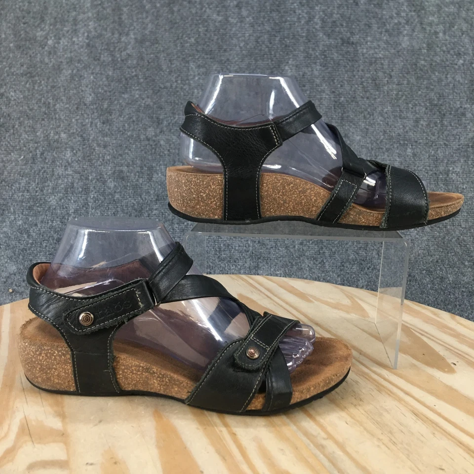 Taos Sandals Womens 9-9.5 W Black Leather 4193 Cork Wedge Heels Strappy Comfort - Image 2 of 4