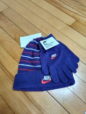 NIKE Boys Youth 2 Piece Fold over Futura Beanie Hat Gloves Set Navy NEW