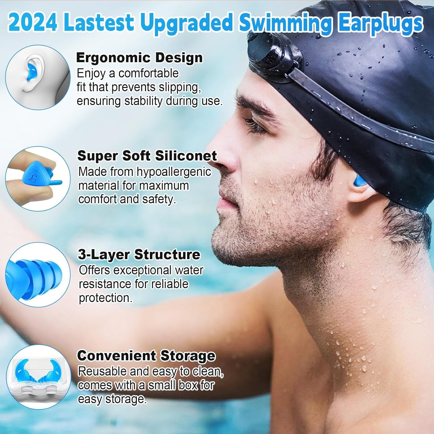 Waterproof Swimming Ear Plugs for Adults - 4 Pairs of Reusable Soft Silicone Swi