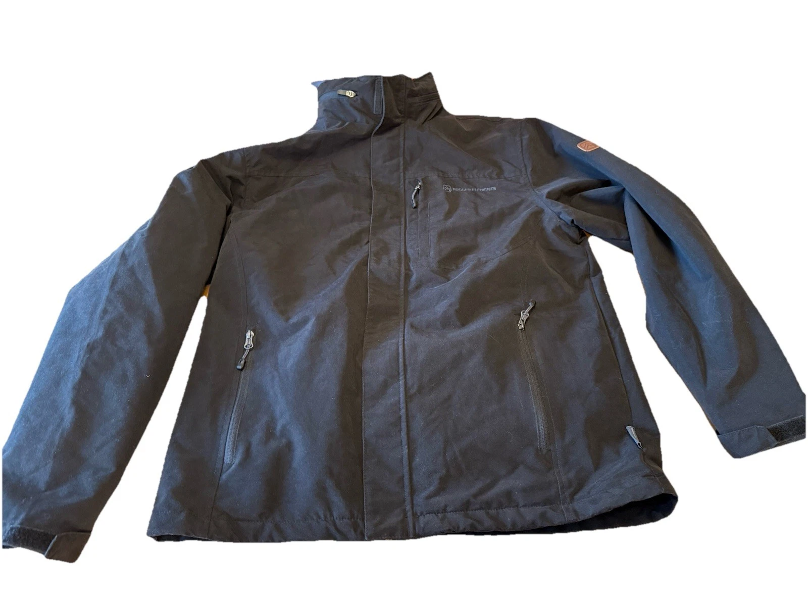 Rugged Elements Mens LARGE Warm Trek Jacket Coat Hood in Collar Black Zip Up