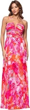 NEW SIZE 14 Xscape Womens Sleeveless Long Halter V Neck Printed Pleated Spaghet