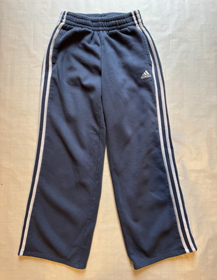 adidas Girl's 3-Stripes Fleece Track Pants Loose Fit 10/12 Blue White Pockets