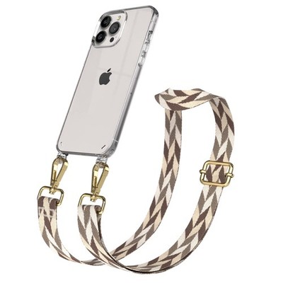 Silikon Hülle mit Band für Apple iPhone 13 Pro Max Kette Taupe / Braun Mix -Gold