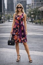 Eliza J Women’s Floral Sleeveless Fit & Flare Dress with Purple Belt Size 10