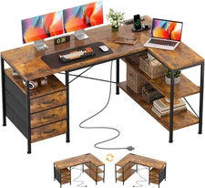 L Shaped Computer Desk with 3 Drawers & Power Outlets, 47 Inch Corner Desk with 