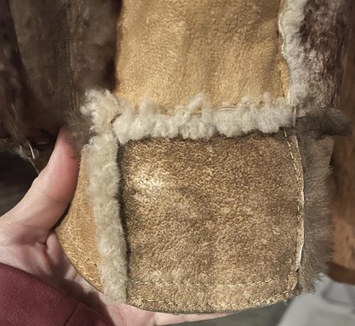 Vntg RARE WOOLRICH 60'S Suede Patchwork Vest Mens Med Brown Sherpa Lined Snap - Picture 13 of 19