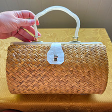 Vintage Mid Century Wicker Box Purse Pearlized White Lucite Handle Trim 50s 60s