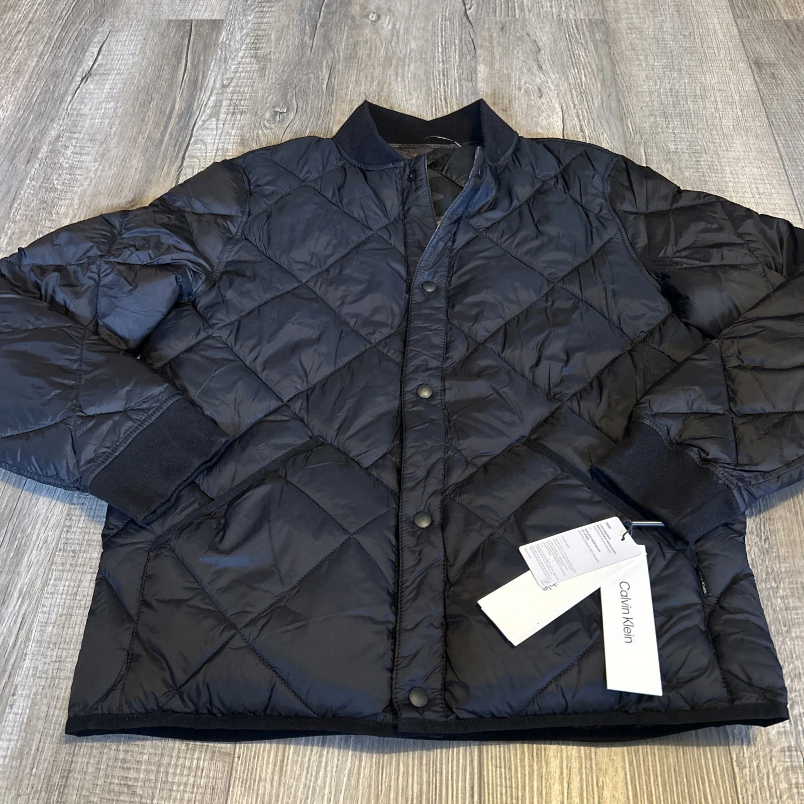 Calvin Klein Puffer Jacket Men Medium Black Reversible Button Up Sorona Aura New