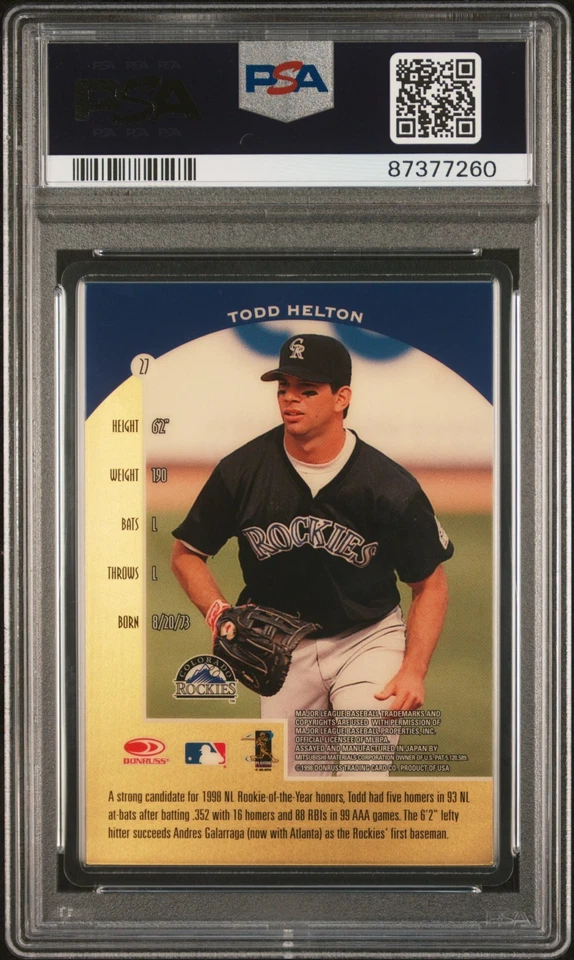 1998 DONRUSS PREFERRED PRECIOUS METALS GOLD REAL #27 TODD HELTON RC PSA 9 MINT - Image 2 of 2