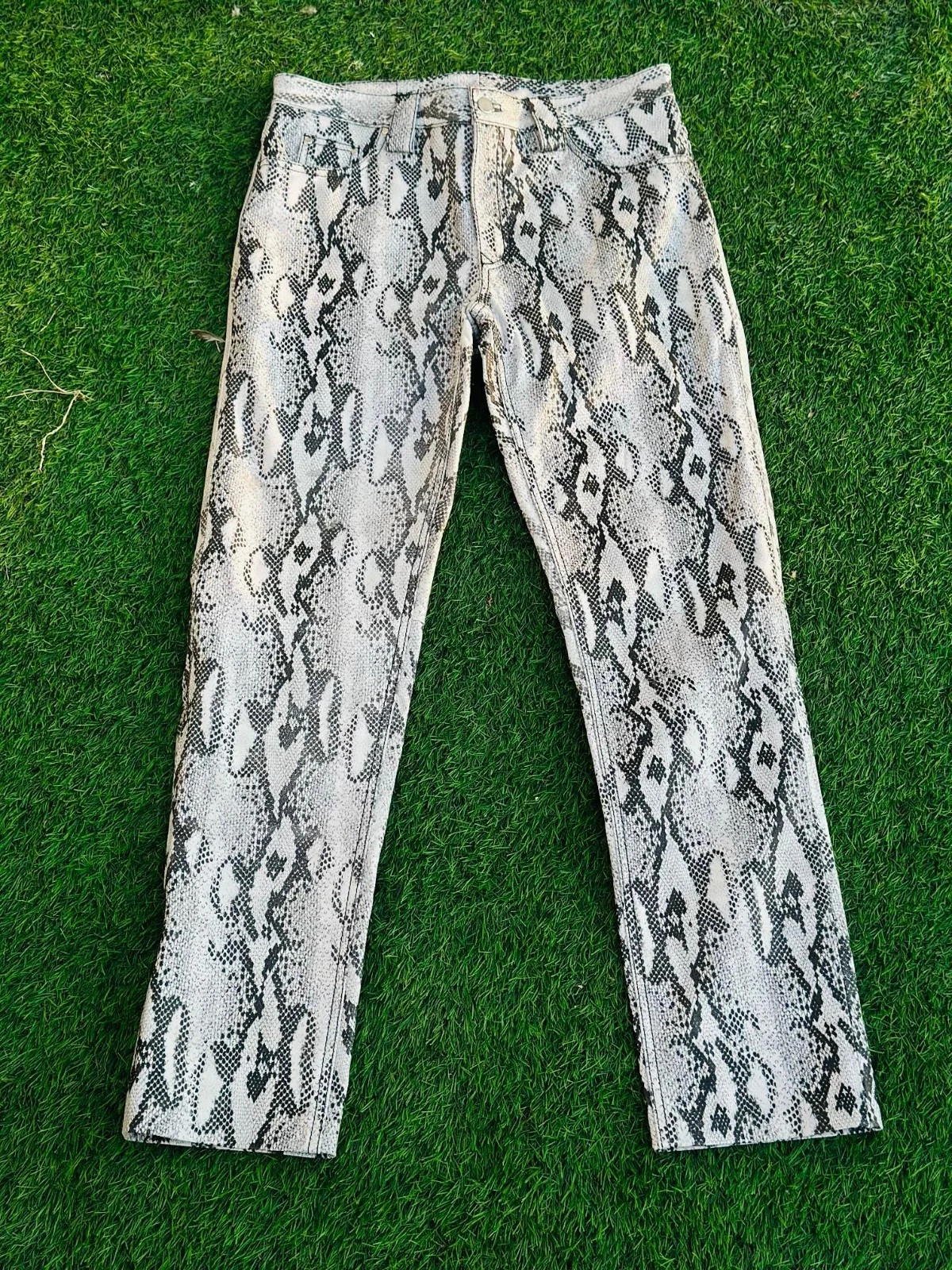 Men's Genuine Cowhide Snake Print Leather Pant - 5 Pockets Style Slim Fit Pant