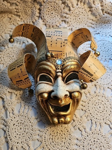 Vintage*Handmade* Sheet Music*Hanging Wall Mask*Jester WIth Bells* - Picture 2 of 24