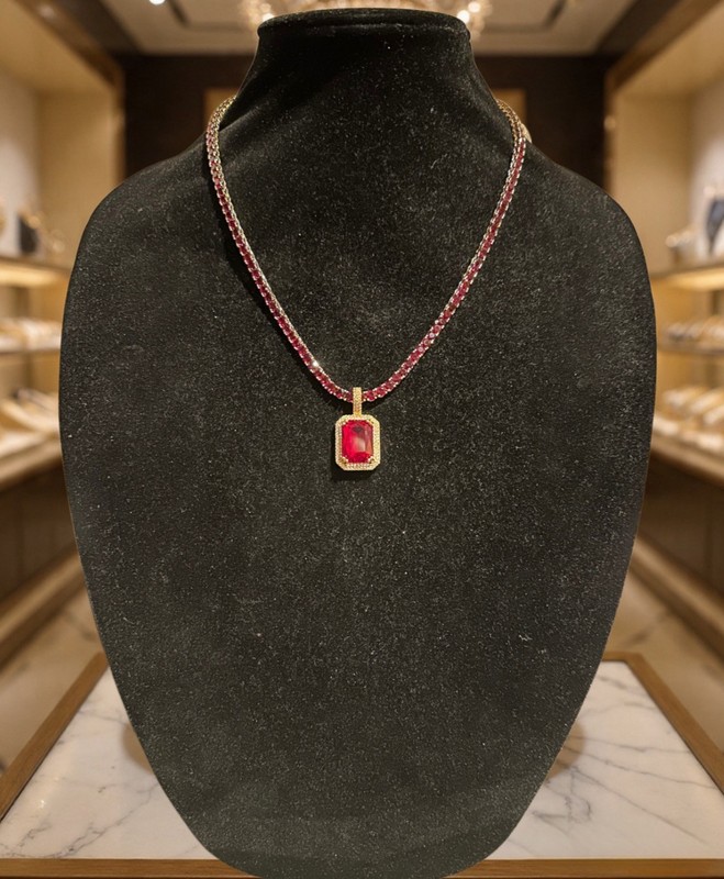 ESTATE: RED RUBY Sapphire Pendant Tennis 75ct Lab Sim Gem Diamond Necklace 48g