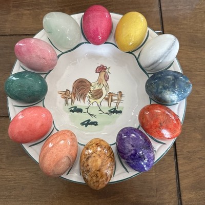 12 Eggs  2  & 2.5  Polished Marble Granite Alabaster or Stone w/ plate