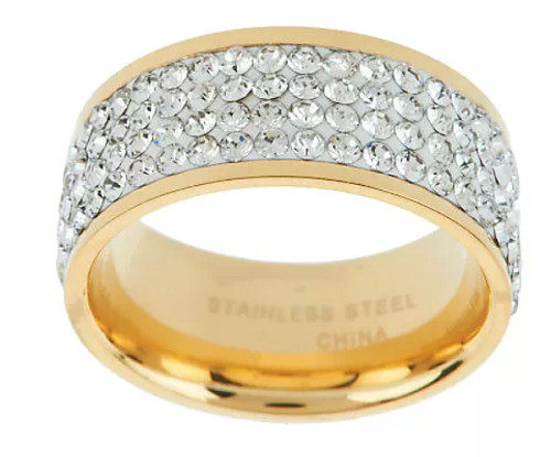 QVC 18K Yellow Gold Plated Stainless Steel Silk Fit Crystal Band Ring Size 6
