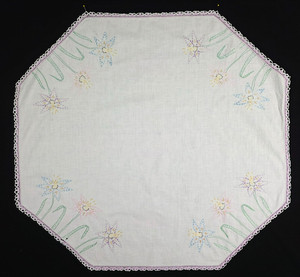 Hand Embroidered Tablecloth Lavender Blue Pink Floral 34" x 32" Vintage