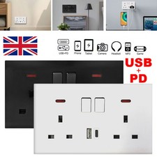 1/5PC Double Wall Plug Socket 2 Gang 13A with USB Type C Port Outlets Flat Plate