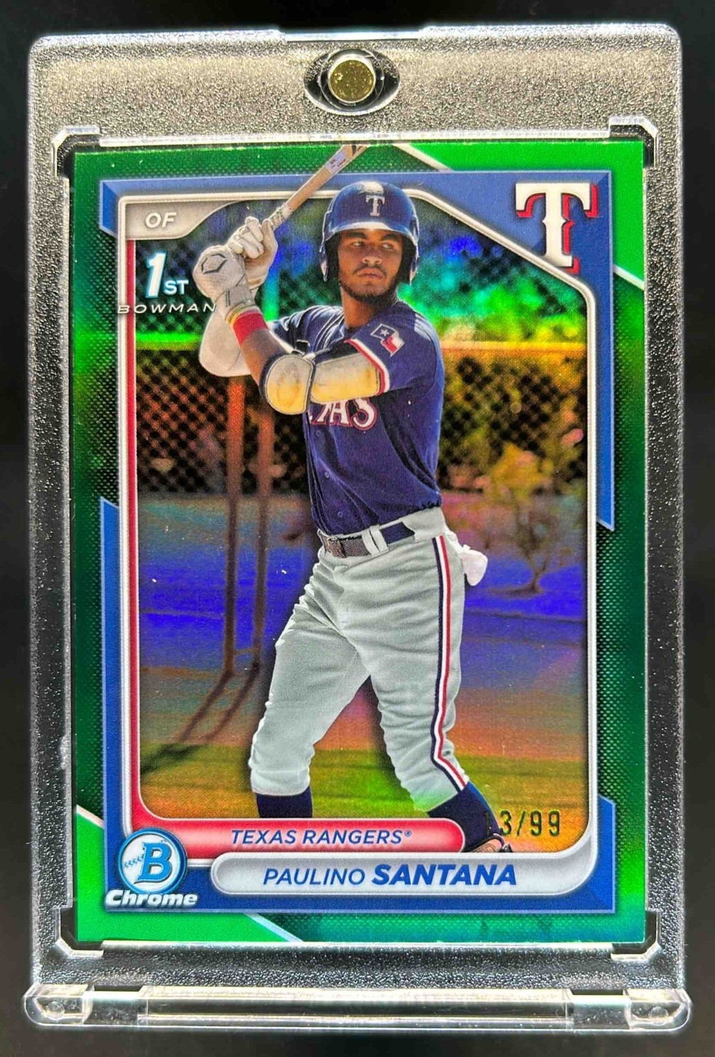 2024 Bowman Chrome Paulino Santana Green Refractor 1st Prospect #/99 Rangers