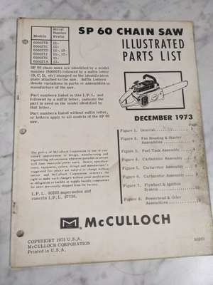 #ad MCCULLOCH PARTS LIST BOOK ILLUSTRATED MANUAL CHAIN SAW MODEL SP 60 90263 1973 $5.23