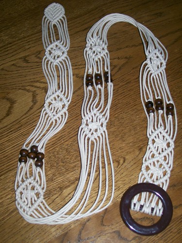 Womens Macrame Woven Belt Round Buckle & Beads 70s Bohemian Chic Style Sz M