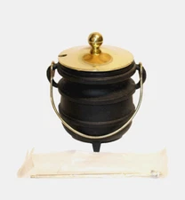 VTG Cast Iron Smudge Pot Cauldron Fire Starter w/ Brass Lid & Wand Handle