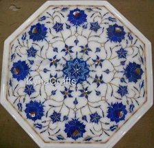 Octagon White Marble Corner Table Lapis Lazuli Stone Inlay Work Coffee Table Top