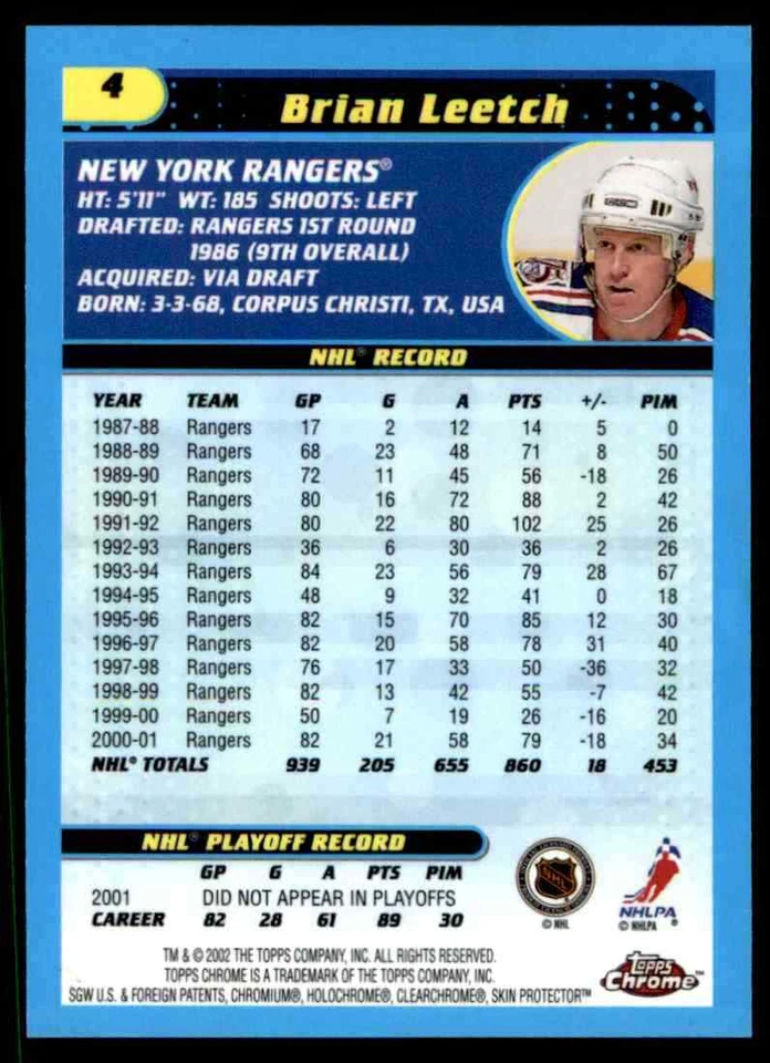 2001-02 Topps Chrome Brian Leetch #4 - Image 2 of 2
