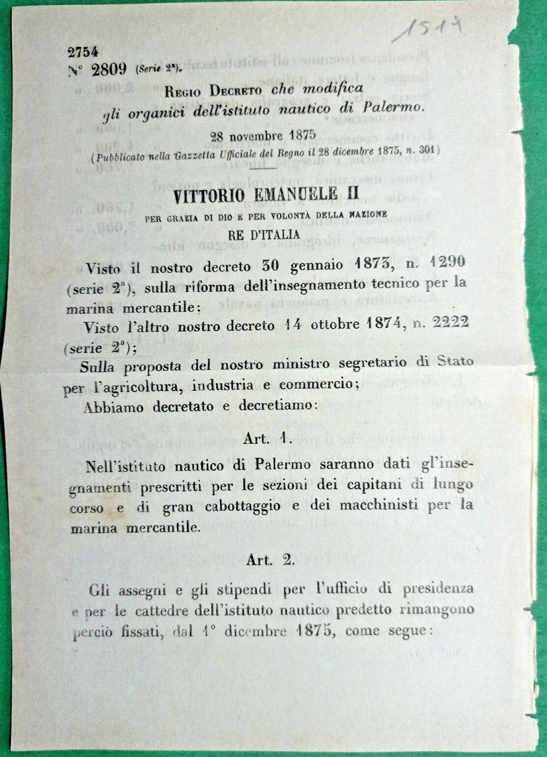 PALERMO,REGIO DECRETO CHE MODIFICA GLI ORGANICI DELL'ISTITUTO NAUTICO-1519