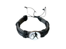 Libra Zodiac Sign Black Leather Band Glass Dome Bracelet  Gift Idea 
