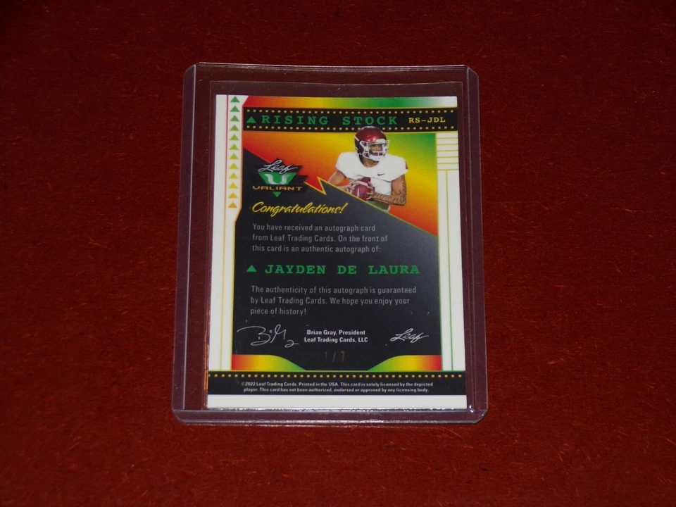 2022 Leaf Valiant Rising Stock Pink Auto 8/10 Jayden de Laura - Image 2 of 2