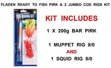 FLADEN READY TO FISH 200g PIRK & 2 JUMBO MUPPET & SQUID 8/0 RIGS KIT SEA FISHING