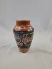 Floral Vase Tonala Flower Mexico Clay Pottery Folk Art Signed