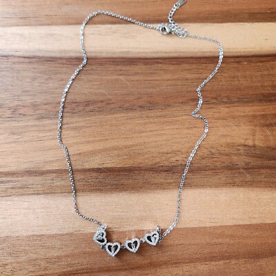 Vintage Crystal Heart Necklace 4 Hearts Silvertone Chain 20''  Sentimental Love