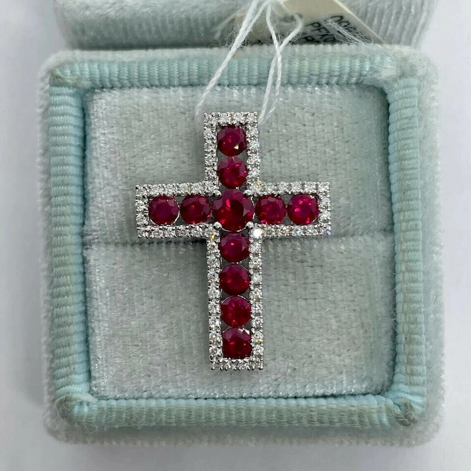 3Ct Round Cut Red Ruby Diamond Cross Pendant 14K White Gold Over 18" Free Chain - Image 4 of 4