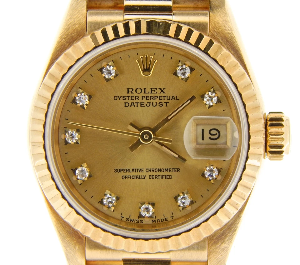 Reloj Rolex Datejust President de oro amarillo de 18 quilates para dama esfera de diamantes de fábrica 69178