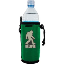 Bigfoot Believe Neoprene Water Bottle Coolie; drawstring, clip, strap