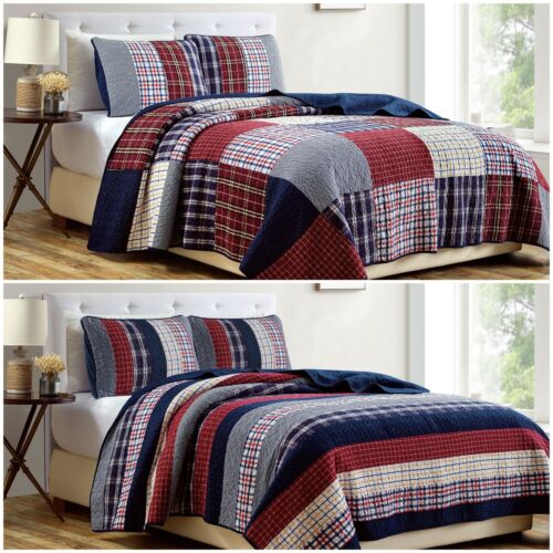 Pre-Washed Cotton Patchwork Quilt Set Plaid Bedspread Coverlet Set - 第 1/9 張圖片