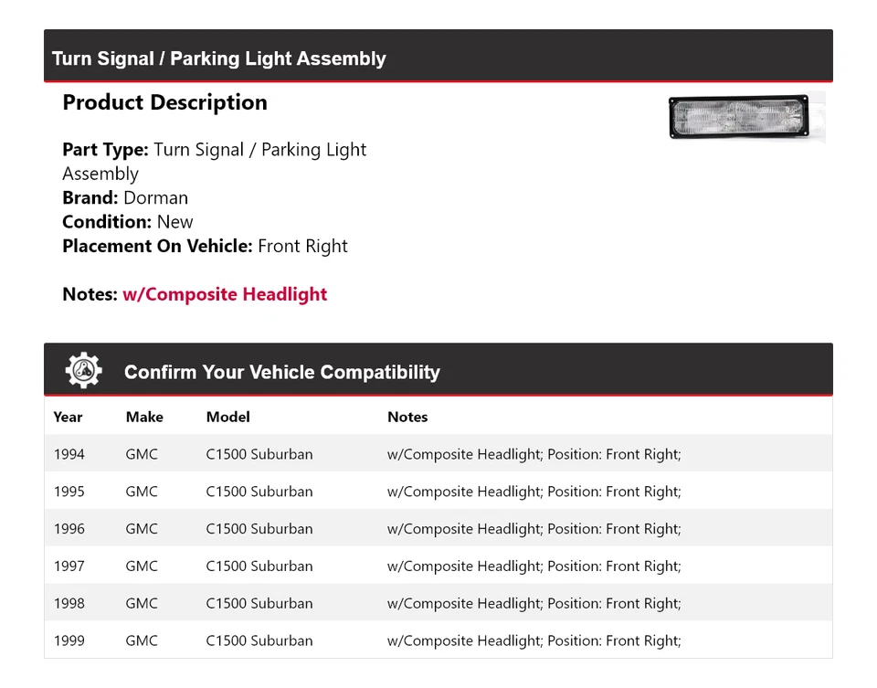 Conjunto de luz de giro/estacionamiento delantera derecha para GMC C1500 1994-1999 Suburban Dorman Foto 2 de 4
