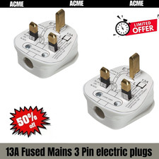 2 Pack 3 Pin Plug UK 13 Amp Plugs White Plug Fused Mains Plugs with 13A Domestic