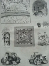 1860s Print – Roman London, Bath, Coins & Statues | Archaeology Engraving