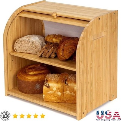 Bamboo Bread Box W/ Ventilation Roll-Up Lid Adjustable Shelf Kitchen Storage New