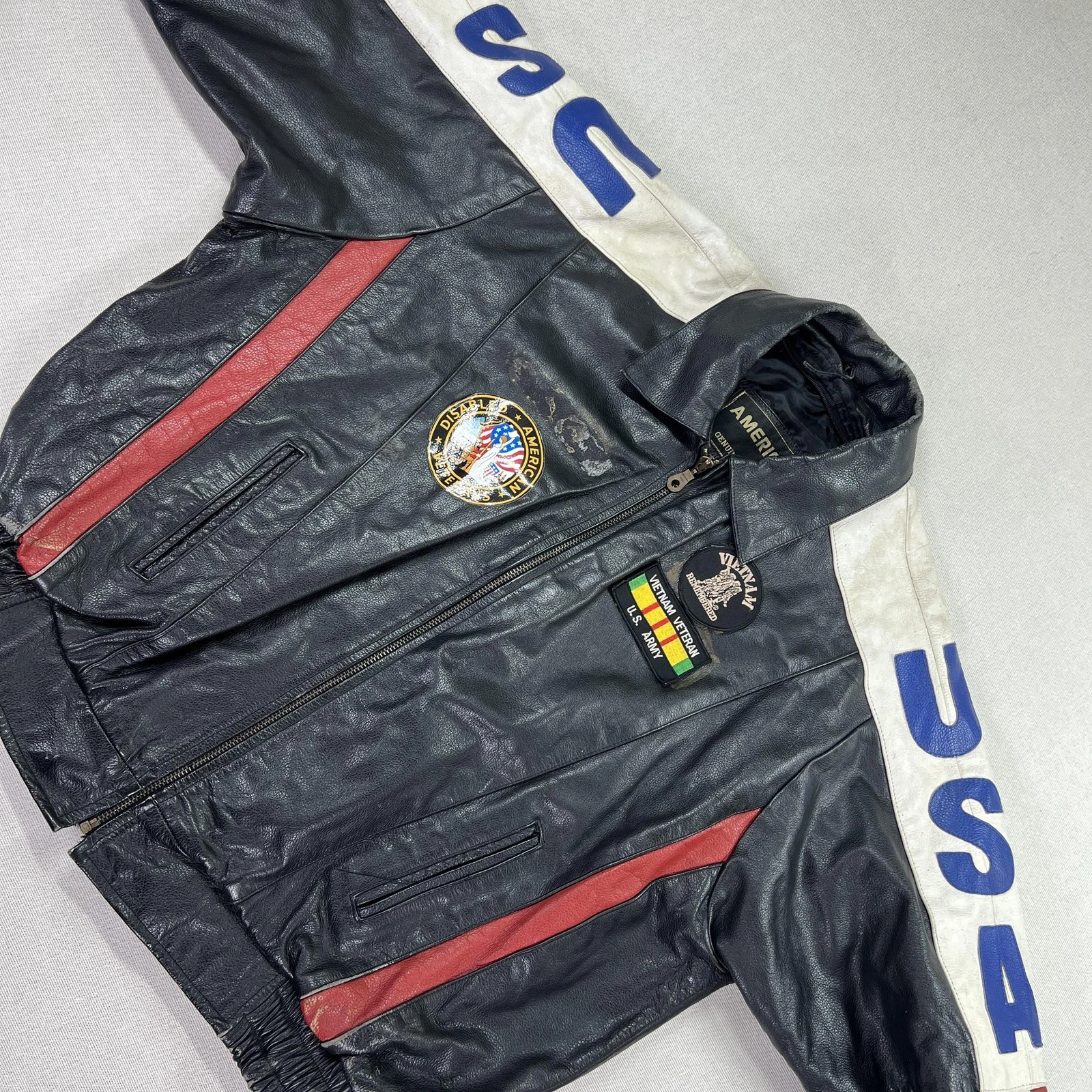 VTG Vietnam Veteran Leather Jacket Mens 4XL USA Flag MACV-SOG Patch American Top image 11