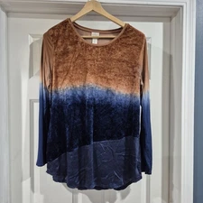 Chicos Zenergy Top Womens Large 2 Brown Blue Velvet Ombre Whimsigoth Boho Artsy